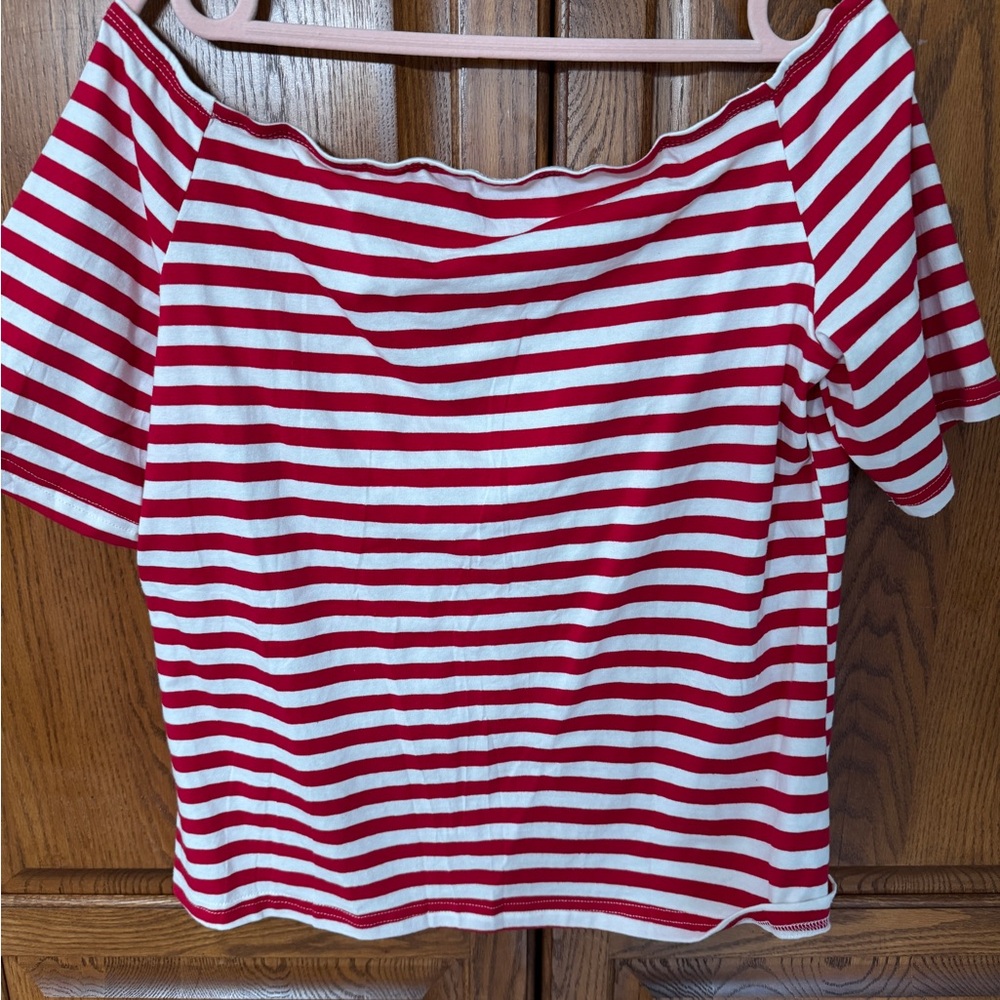 Women’s Red & White Striped Off-Shoulder Short Sleeve Top